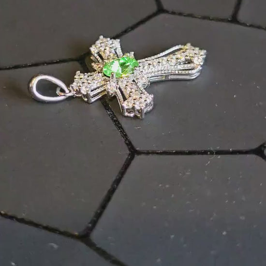 Uranium Glass Pendant Cross design new Sterling Silver,  with 8x4 mm vintage Marquee cut Uranium Glass stone that glows under black/UV light