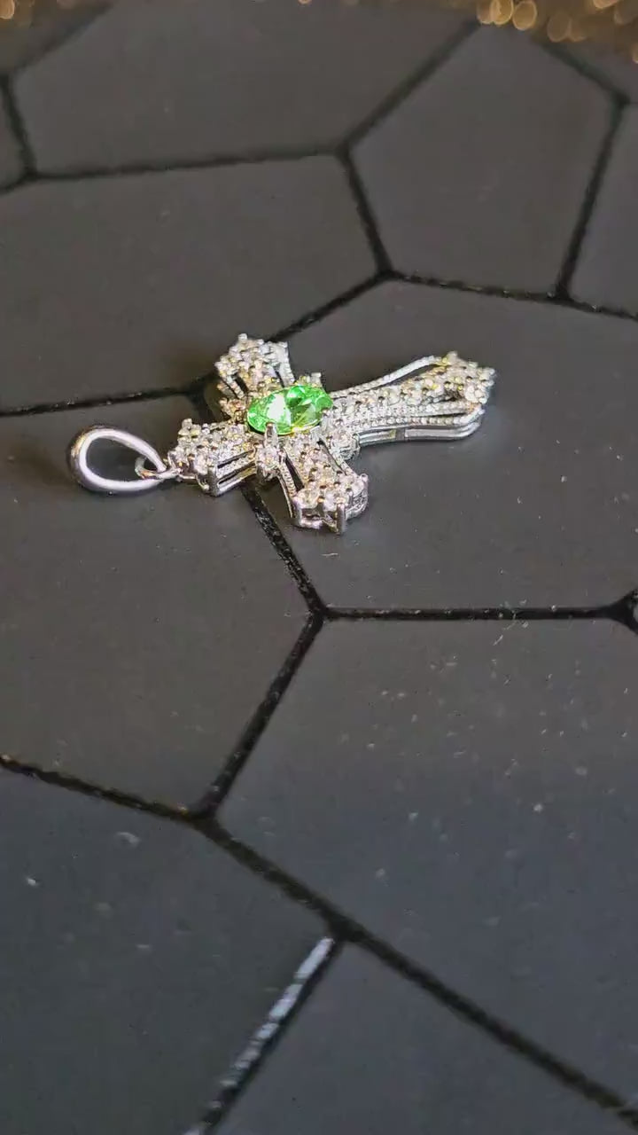 Uranium Glass Pendant Cross design new Sterling Silver,  with 8x4 mm vintage Marquee cut Uranium Glass stone that glows under black/UV light