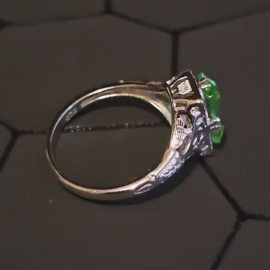 Uranium Glass Baguette cut Ring Art Deco style size 7 new Sterling Silver with vintage Uranium glass stones that glows under black/UV light