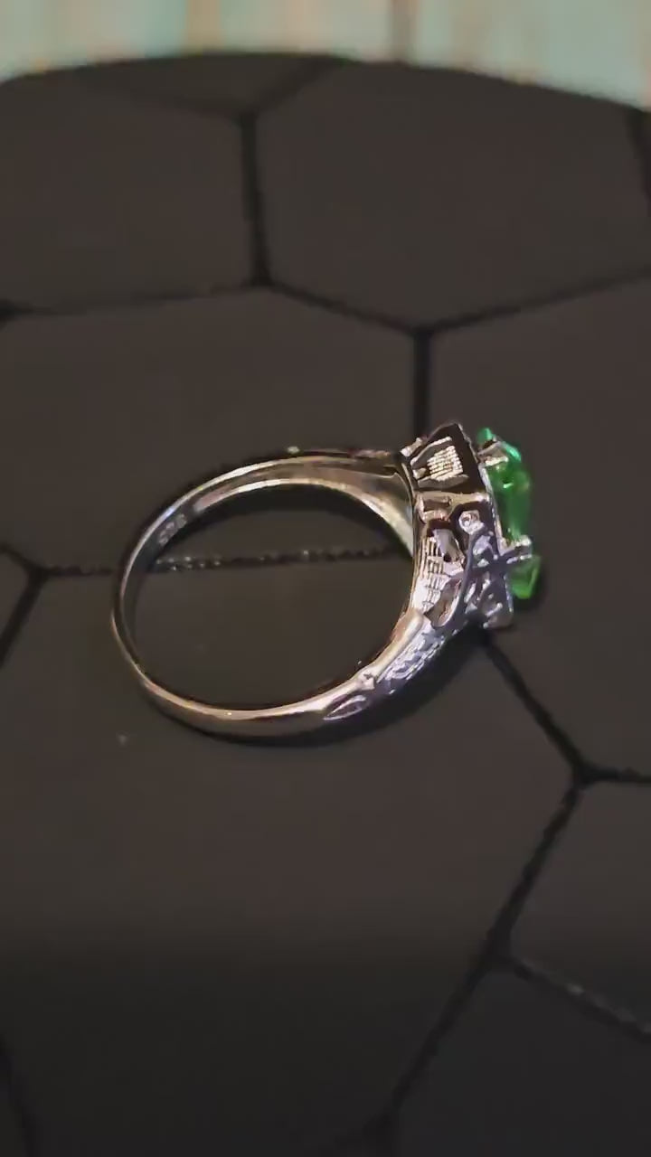 Uranium Glass Baguette cut Ring Art Deco style size 7 new Sterling Silver with vintage Uranium glass stones that glows under black/UV light