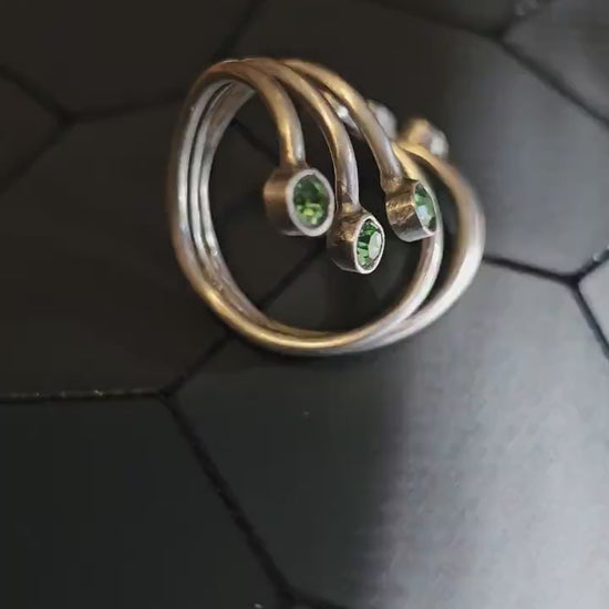 Uranium Glass Adjustable Ring  new handcrafted Sterling Silver with six vintage 3 mm Uranium glass stones glow under black / UV light