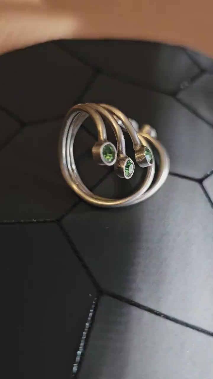 Uranium Glass Adjustable Ring  new handcrafted Sterling Silver with six vintage 3 mm Uranium glass stones glow under black / UV light