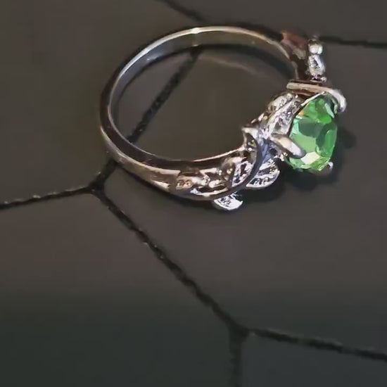 Uranium Glass Heart cut Ring in size 6 or 10 new Silver plated with a vintage Uranium glass stone that glows under black/UV light