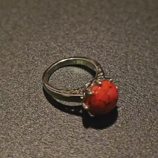 Cadmium Glass "Lava" Ring in size 5.5 new Sterling Silver with vintage round cut 11mm Cadmium glass stones that glows under black / UV light