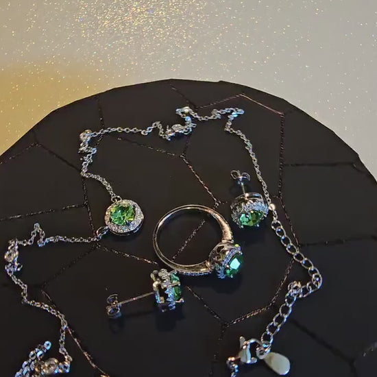 Uranium Glass Jewelry gift set Sterling Silver Halo ring, earrings, and necklace vintage Round cut Uranium glass glows under black /UV light