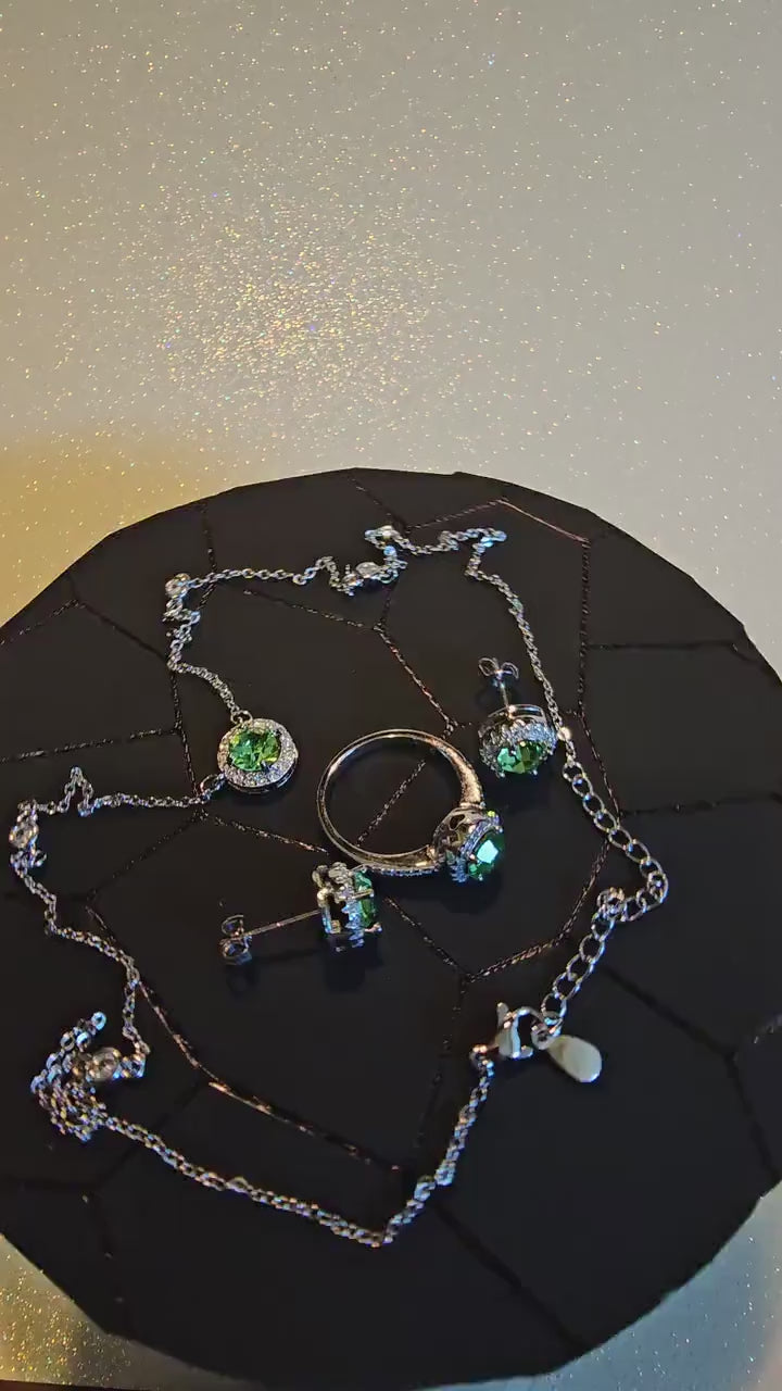 Uranium Glass Jewelry gift set Sterling Silver Halo ring, earrings, and necklace vintage Round cut Uranium glass glows under black /UV light