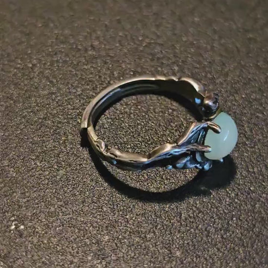 Uranium Glass Adjustable Ring in Sterling Silver Leaf and Branch design with vintage Uranium glass round stone glows under black / UV light