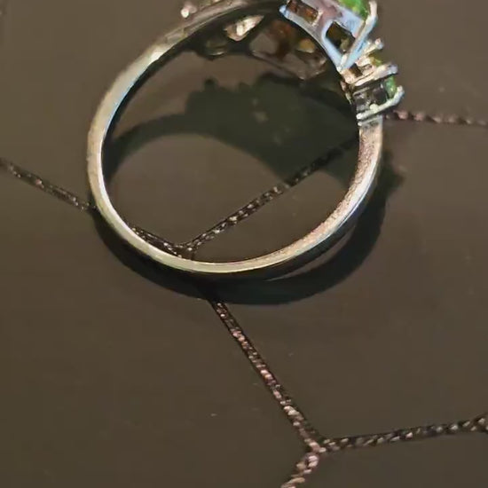 Uranium Glass Emerald cut Ring in size Stirling Silver with a vintage 10x8mm and 4mm Uranium glass stones that glow under black / UV light