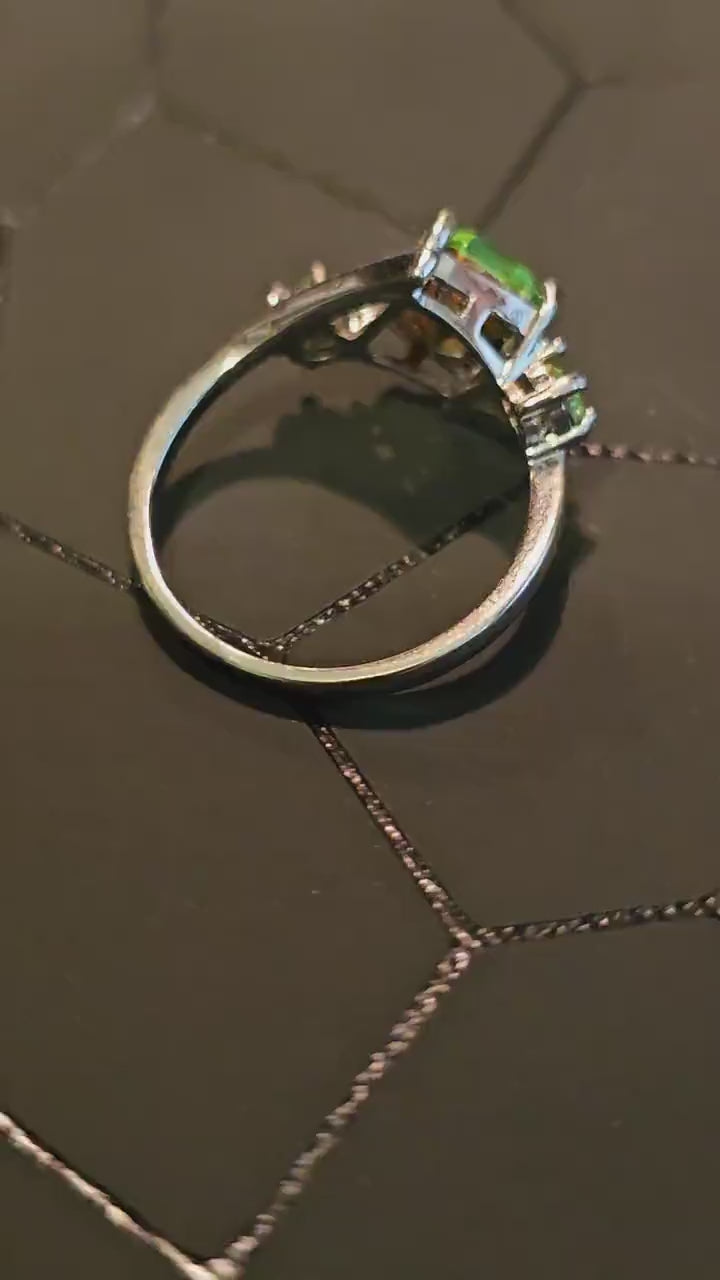 Uranium Glass Emerald cut Ring in size Stirling Silver with a vintage 10x8mm and 4mm Uranium glass stones that glow under black / UV light