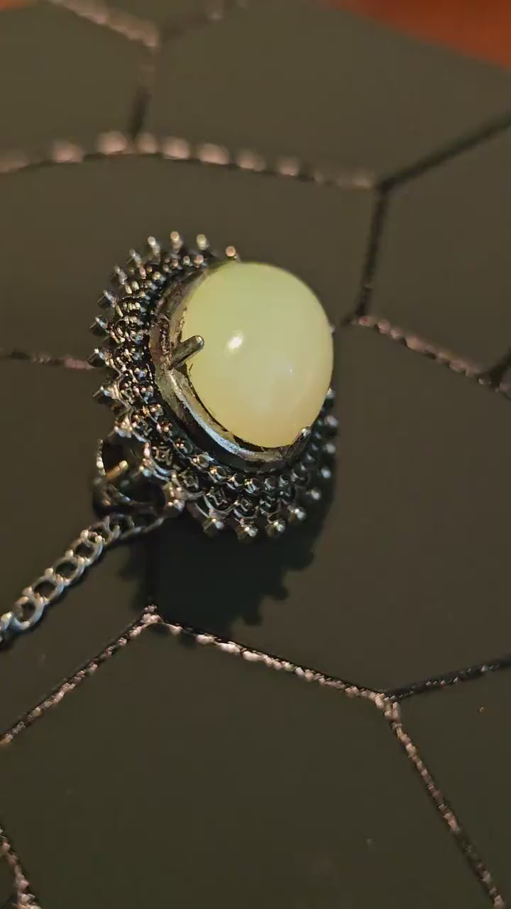 Uranium Glass Tie Tack vintage 1970s with a vintage 18x13 mm Oval cut Uranium Glass stone that glows under black / UV light