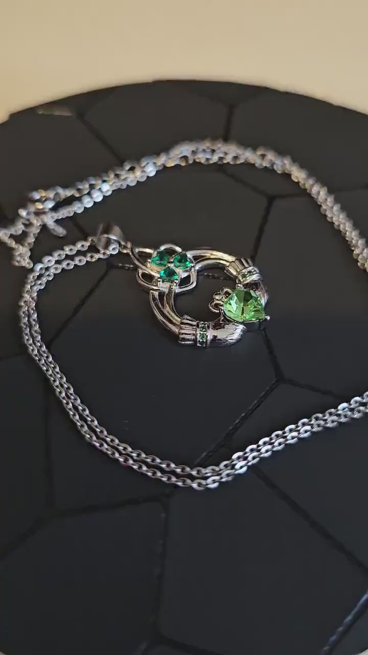 Uranium Glass Pendant with Necklace Claddagh style new Sterling Silver with vintage 6mm Uranium glass stone that glows under black/UV light