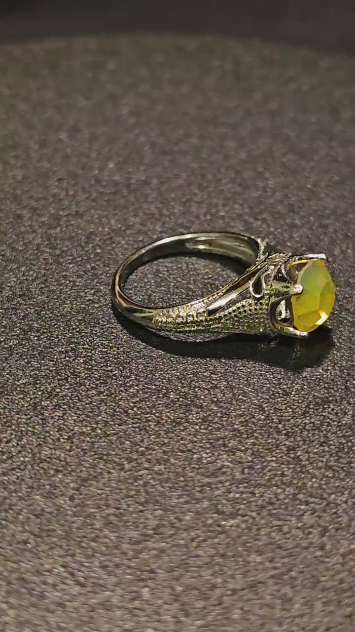 Uranium Glass Round cut Ring vintage style new Sterling Silver size 7 vintage Yellow Uranium glass stone that glows under black / UV light