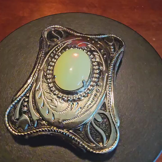 Uranium Glass Belt Buckle large 25x18 mm Oval cut Round top Cabochon cut vintage Uranium Glass stone that glows under black / UV light