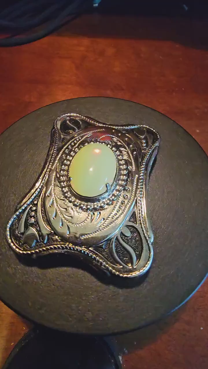 Uranium Glass Belt Buckle large 25x18 mm Oval cut Round top Cabochon cut vintage Uranium Glass stone that glows under black / UV light