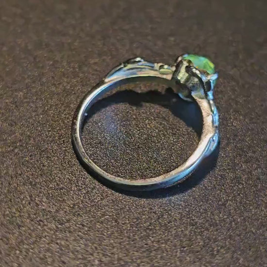Uranium Glass Heart cut Ring size 6 to 10 in new Sterling Silver with a vintage rare Uranium glass stone that glows under black / UV light