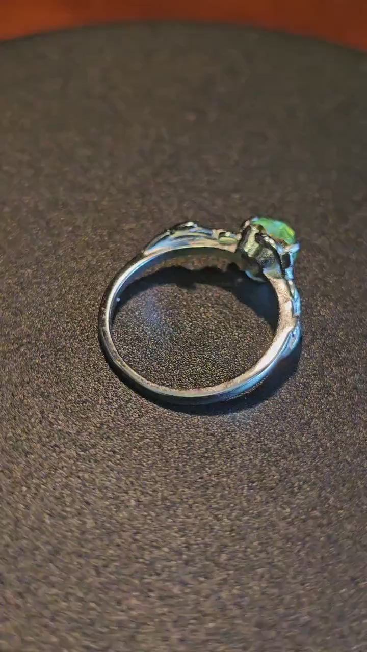 Uranium Glass Heart cut Ring size 6 to 10 in new Sterling Silver with a vintage rare Uranium glass stone that glows under black / UV light