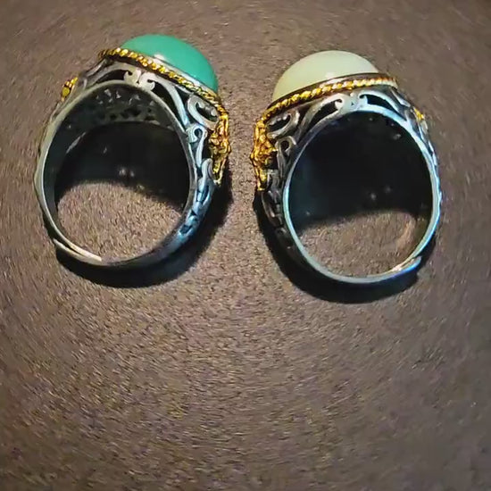 Uranium Glass Men's Ring Adjustable with 15 mm vintage Uranium glass Round cut Cabochon opal colored stone that glows under black / UV light