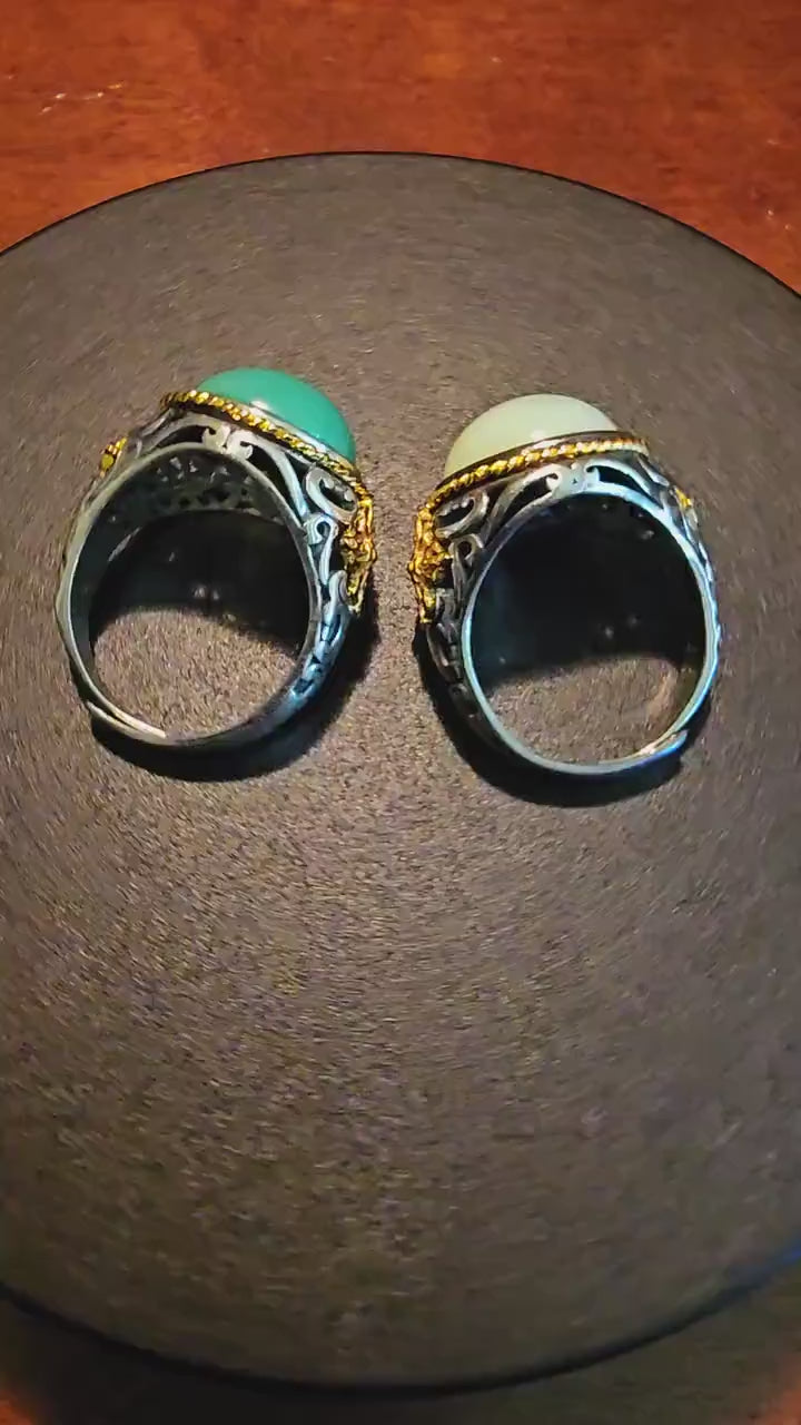 Uranium Glass Men's Ring Adjustable with 15 mm vintage Uranium glass Round cut Cabochon opal colored stone that glows under black / UV light