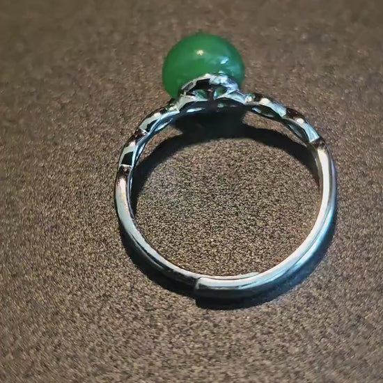Uranium Glass Adjustable Ring with a vintage rare dark Green Round top Uranium glass stone new Sterling Silver  that glows under black light
