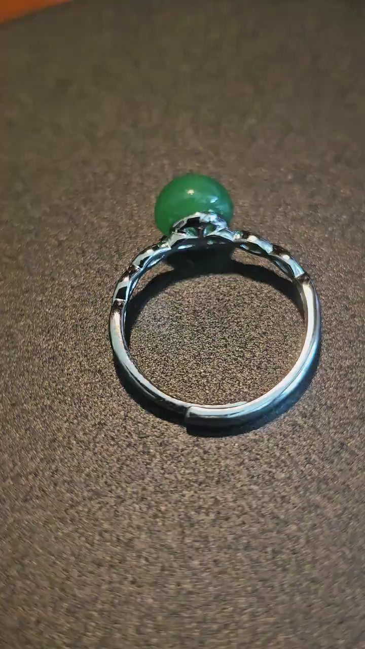 Uranium Glass Adjustable Ring with a vintage rare dark Green Round top Uranium glass stone new Sterling Silver  that glows under black light