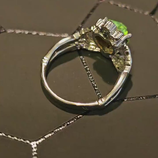 Uranium Glass Heart cut Claddagh Ring in size 7 new Silver plated with a vintage Uranium glass stone that glows under black/UV light