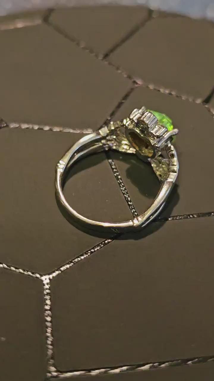 Uranium Glass Heart cut Claddagh Ring in size 7 new Silver plated with a vintage Uranium glass stone that glows under black/UV light
