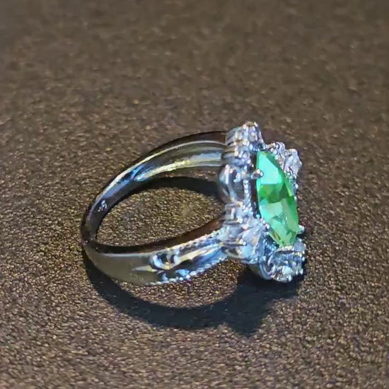 Uranium Glass Marquise cut Ring Fleur De Lis style new Sterling Silver with a vintage Uranium glass stone that glows under black / UV light