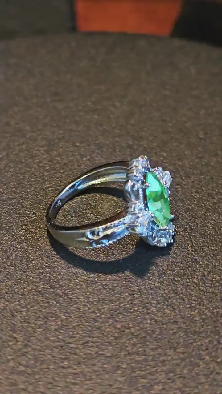 Uranium Glass Marquise cut Ring Fleur De Lis style new Sterling Silver with a vintage Uranium glass stone that glows under black / UV light