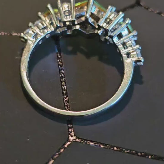 Uranium Glass Ring Princess cut 8 accent stones and 3 vintage Uranium glass stones that glow under black/UV light. Sterling Silver size 7