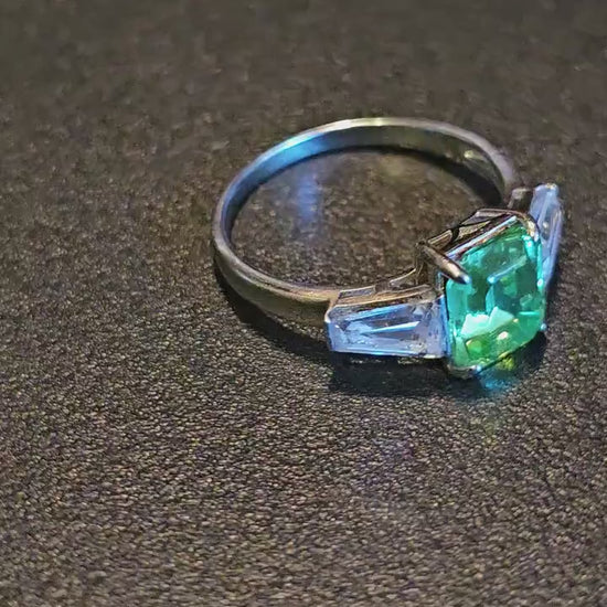 Uranium Glass Emerald cut Ring size 10.5 new Sterling Silver  with a vintage Uranium glass stones that glows under black / UV light.