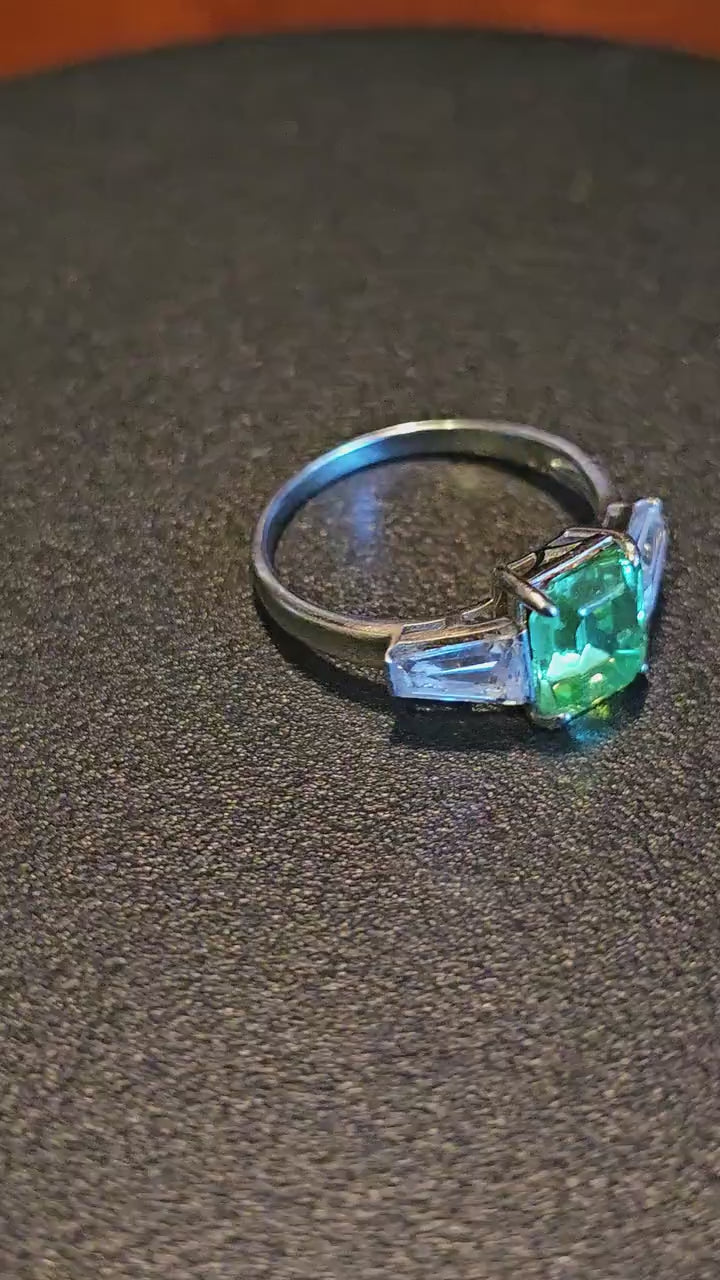 Uranium Glass Emerald cut Ring size 10.5 new Sterling Silver  with a vintage Uranium glass stones that glows under black / UV light.