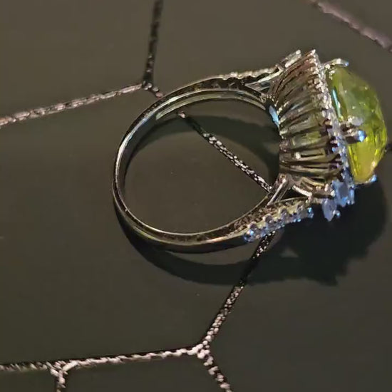 Uranium Glass Round cut Ring size 7.5 New Halo style Sterling Silver with a vintage Yellow Uranium glass stone that glows under black/UV lig