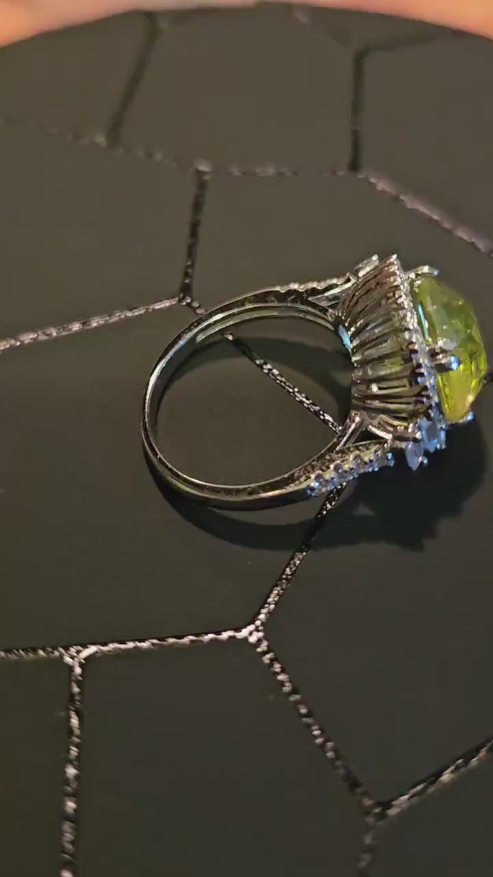 Uranium Glass Round cut Ring size 7.5 New Halo style Sterling Silver with a vintage Yellow Uranium glass stone that glows under black/UV lig