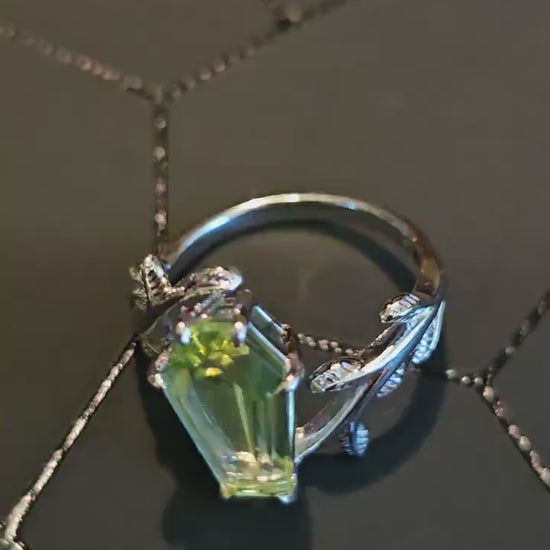 Uranium Glass Coffin cut Ring size 4 through 10.5 in Sterling Silver with a cut Czech Uranium glass stone that glows under black / UV light