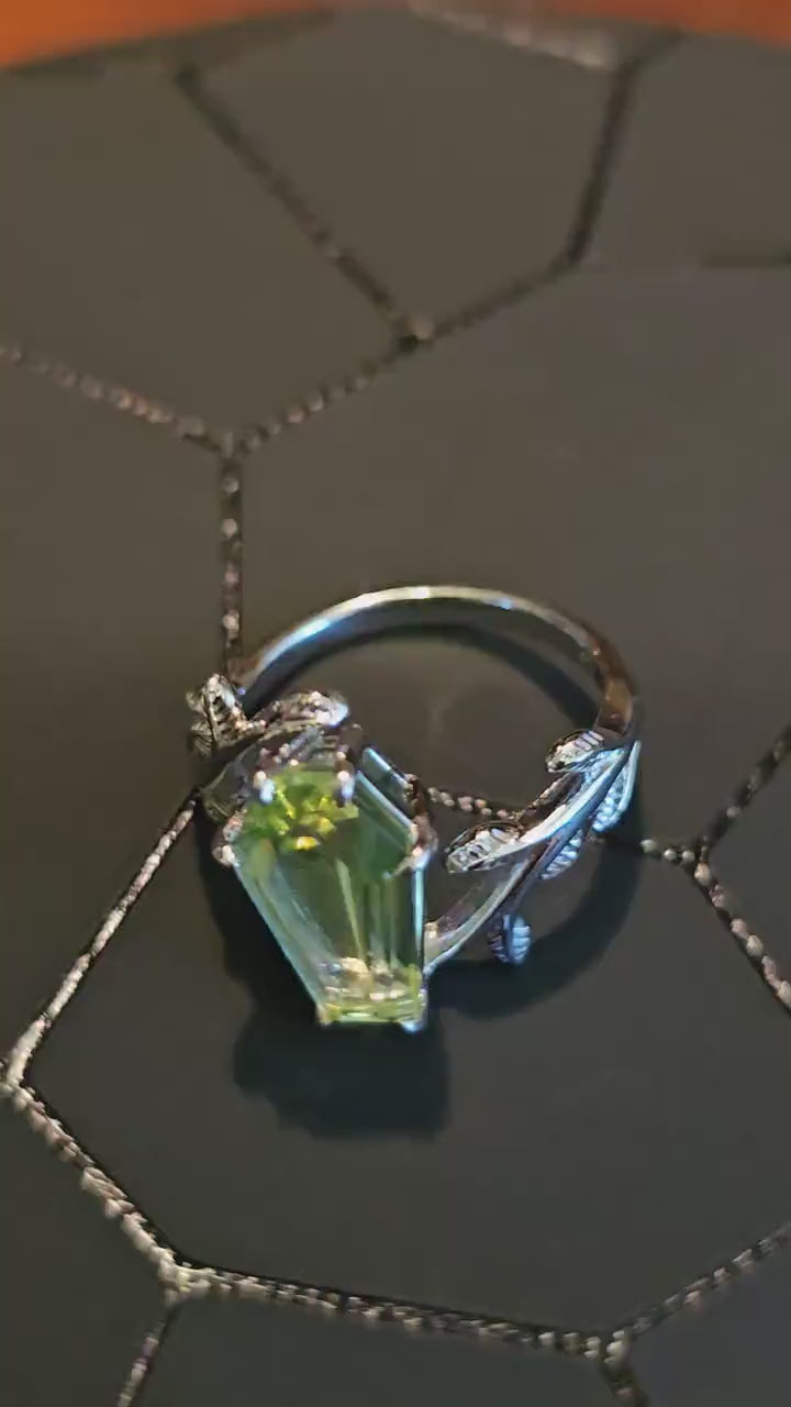 Uranium Glass Coffin cut Ring size 4 through 10.5 in Sterling Silver with a cut Czech Uranium glass stone that glows under black / UV light