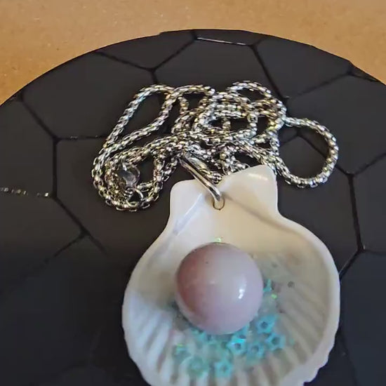 Uranium Glass Pendant "Pearl" in Shell with Stainless Steel chain and a vintage 15 mm Uranium Glass Marble that glows under black / UV light