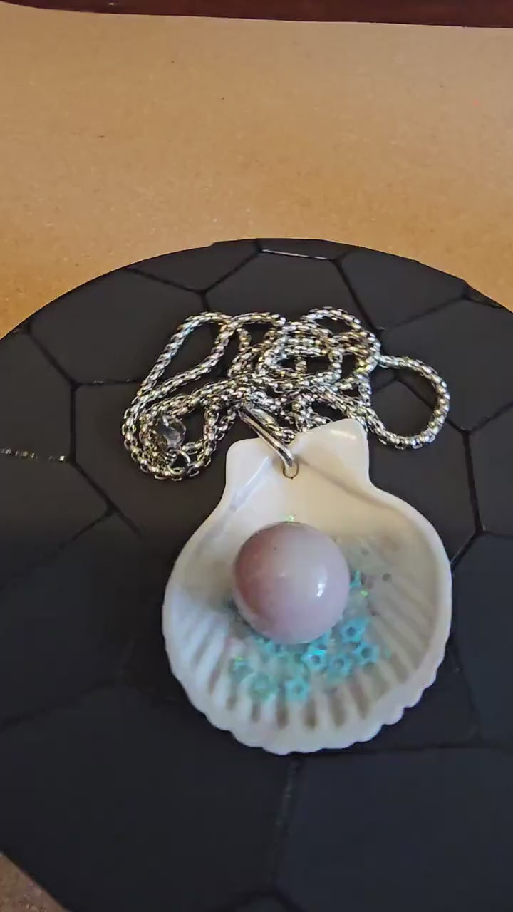 Uranium Glass Pendant "Pearl" in Shell with Stainless Steel chain and a vintage 15 mm Uranium Glass Marble that glows under black / UV light