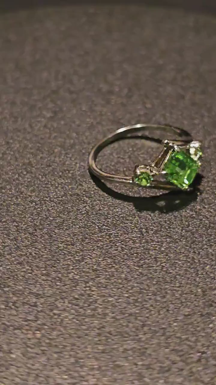 Uranium Glass Emerald cut Ring size 4 through 10.5 in new Sterling Silver with a vintage Uranium glass stone that glows under black / light