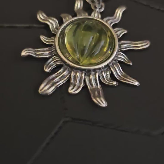 Uranium Glass Pendant Sterling Silver Sun setting with vintage 10 mm Yellow Uranium glass stone that glows under black / UV light