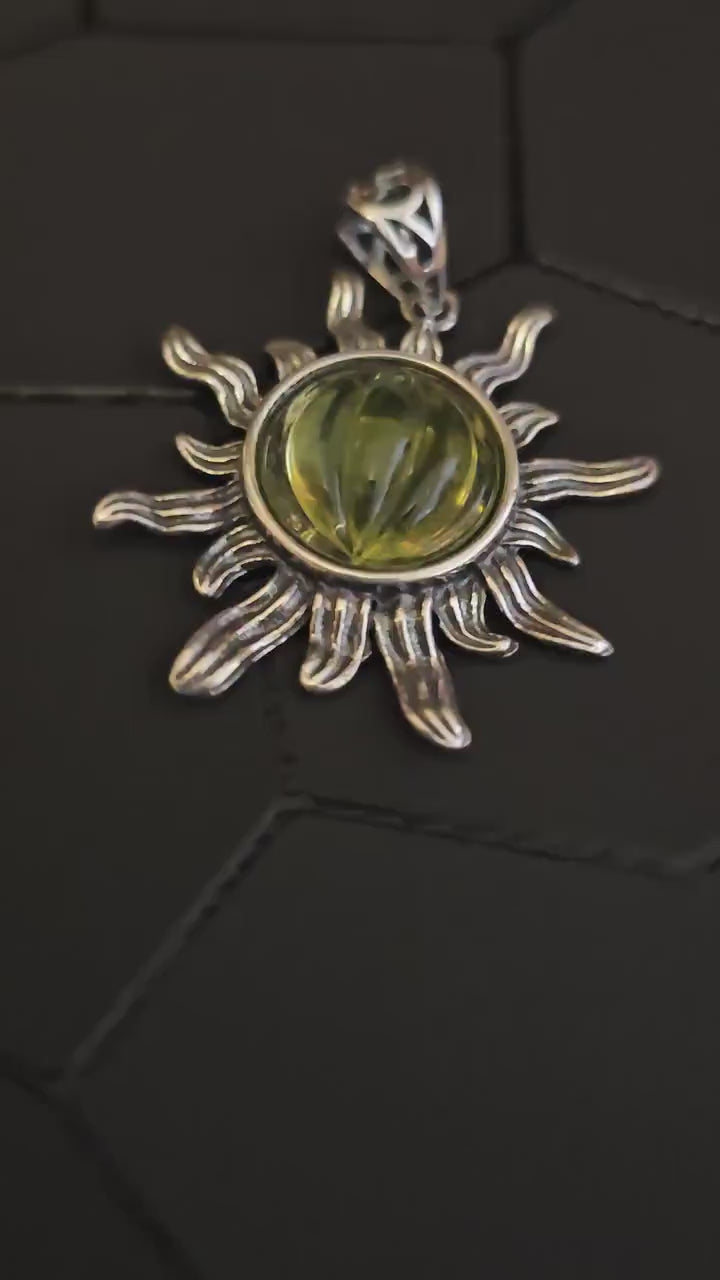 Uranium Glass Pendant Sterling Silver Sun setting with vintage 10 mm Yellow Uranium glass stone that glows under black / UV light