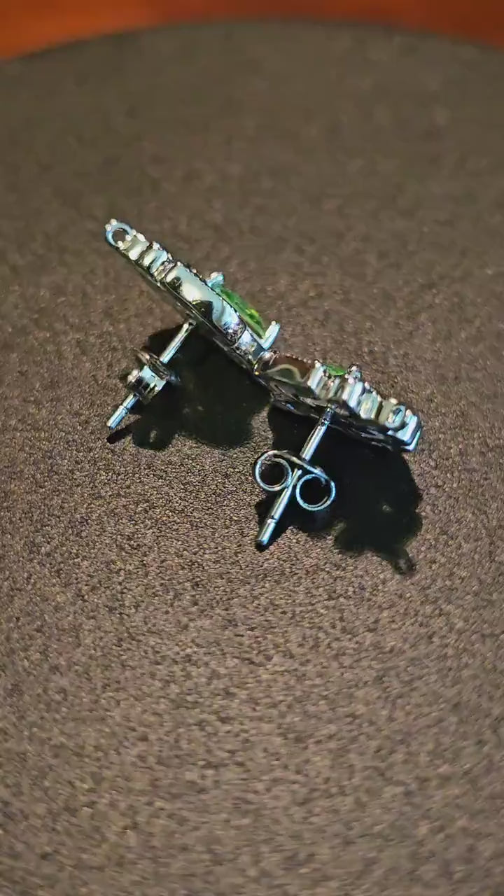 Uranium Glass Earrings in new Sterling Silver Fleur-De-Lis design with Vintage Uranium Glass stones that glow under black/UV light