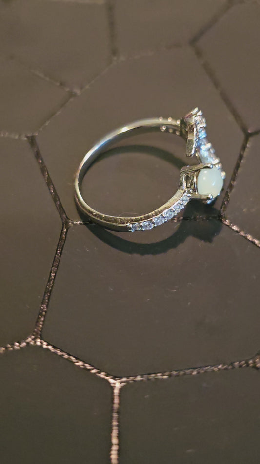 Uranium Glass Adjustable Moon Ring new Sterling Silver Round cut 5 mm Opal colored vintage Uranium glass stones glows under black/UV light