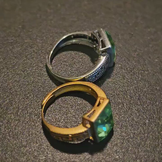 Uranium Glass Adjustable Ring with bezel mounted large vintage Uranium glass 10x8 mm rectangle cut stone that glows under black / UV light