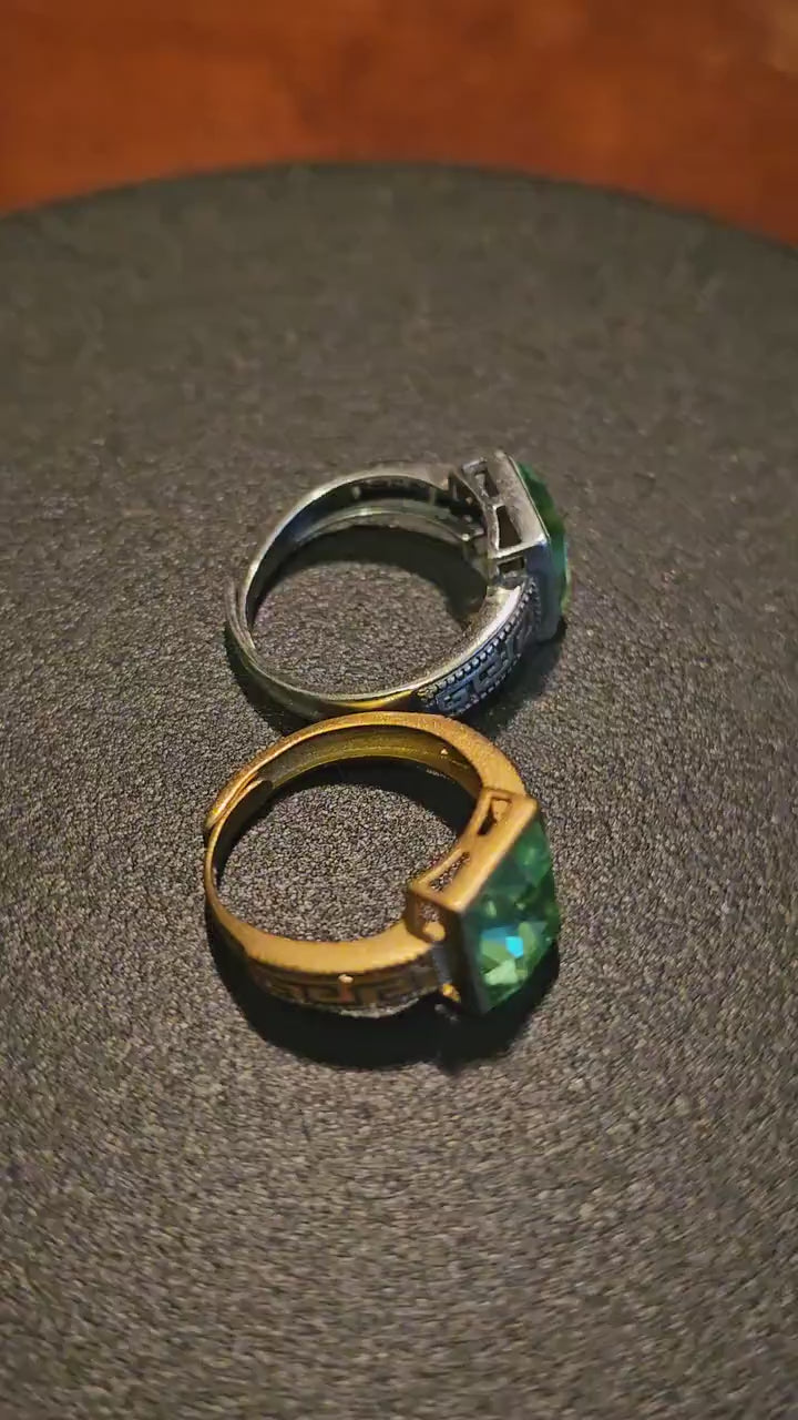 Uranium Glass Adjustable Ring with bezel mounted large vintage Uranium glass 10x8 mm rectangle cut stone that glows under black / UV light