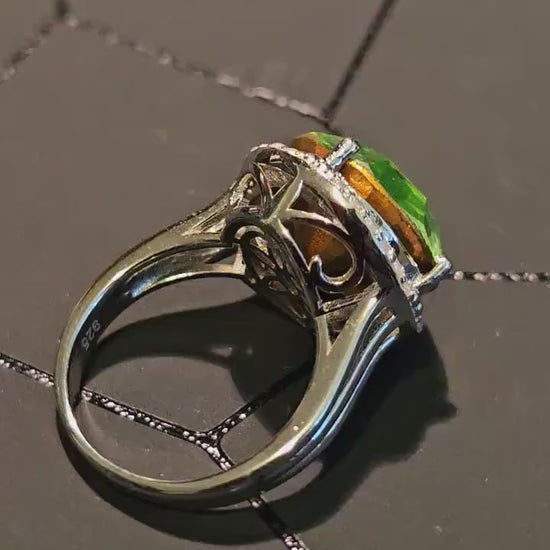 Uranium Glass Round cut Ring size 7, Halo style new Sterling Silver with a large vintage Uranium glass stone that glows under black/UV light