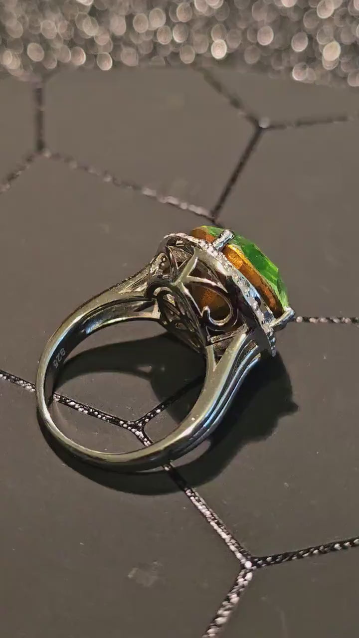 Uranium Glass Round cut Ring size 7, Halo style new Sterling Silver with a large vintage Uranium glass stone that glows under black/UV light