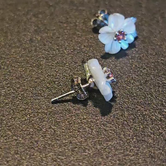 Uranium Glass Earrings in Sterling Silver flower design with Vintage Pink Uranium Glass stones, glows under black/UV light