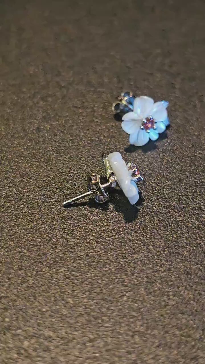 Uranium Glass Earrings in Sterling Silver flower design with Vintage Pink Uranium Glass stones, glows under black/UV light