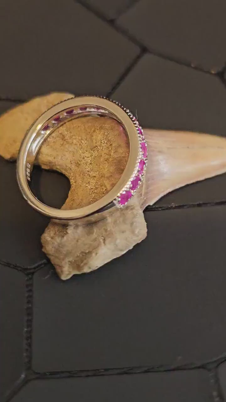 Natural Ruby Ring size 6, 7, 8, and 9 in New Sterling Silver Half Eternity style 2.5 mm Round cut stones that glow Pink under Black/UV light
