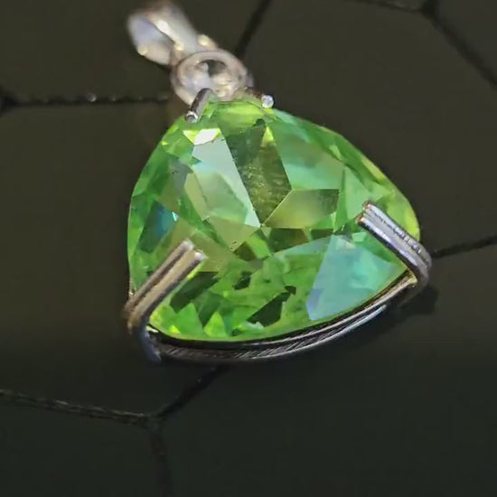 Uranium Glass Pendant in new Sterling Silver with a large 23 mm vintage Trillian cut Uranium Glass stone that glows under black / UV light